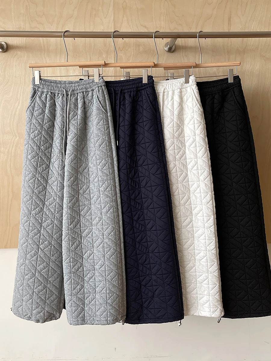 Women's Autumn Winter Quilted Cotton Padded Thick Warm Wide Leg Pants Lady Casual Drawstring Waist Loose Full Length Pants
