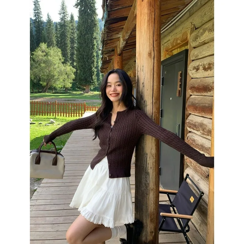 韓国ファッションショートニットセーター女性秋の新ルーズラウンドネックニットカーディガンカジュアル長袖スリムY2kトップス