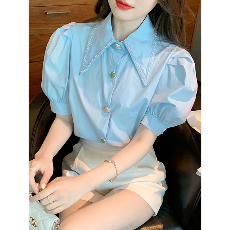 Sweet Peter Pan Collar Puff Sleeve Button Oversized Beading Shirt 2022 Summer Chic Tops Elegant Women\'s Clothing Commute Blouse