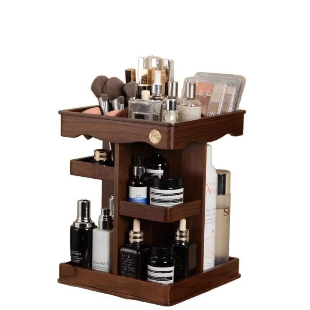 Rotatable Walnut Vanity Organizer Large Capacity Desktop Storage Holder For Cosmetics Skincare & Perfume
