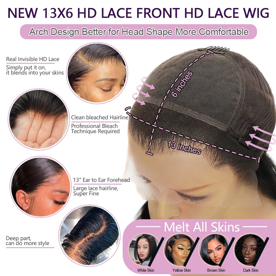 WOWANGEL Jet Black 13X6 HD Lace Frontal Wig Invisible HD Lace Melt Skin Silk Straight  Lace Front Wig Human Hair Wig Deep Part