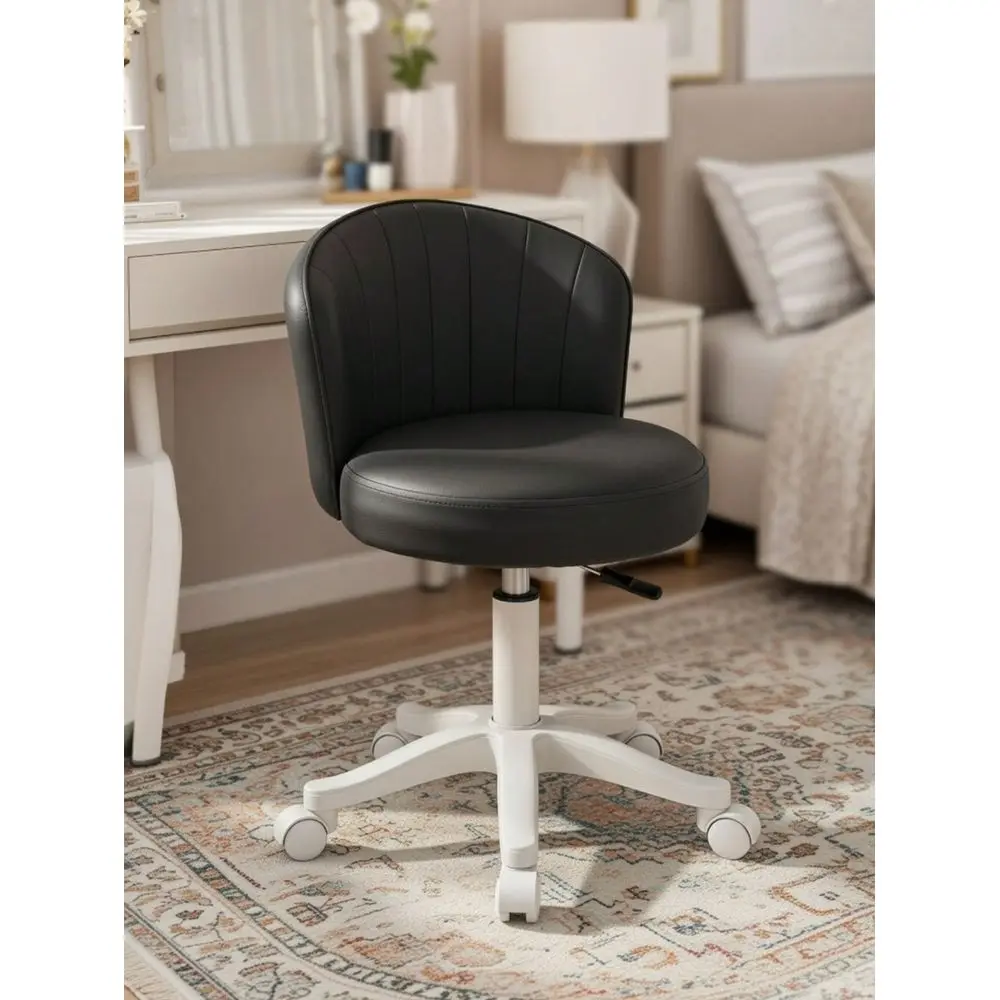 

PetiteFriendly Round Vanity Chair, Compact PU Leather Swivel Rolling Chair With Height Adjustment, Low Back Space Saving Design