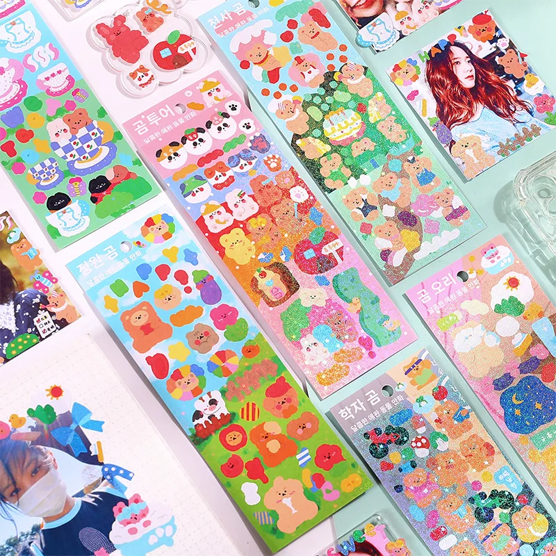 1 Sheet Glitter Kawaii Cartoon Pet Decorative Stickers for Collage Scrapbooking DIY Card Photos