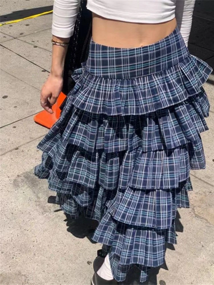 HOUZHOU Y2K Vintage Plaid Long Skirt Women Japanese Kawaii High Waist Patchwork Tierred Ruffle Skirt Korean Streetwear Autumn