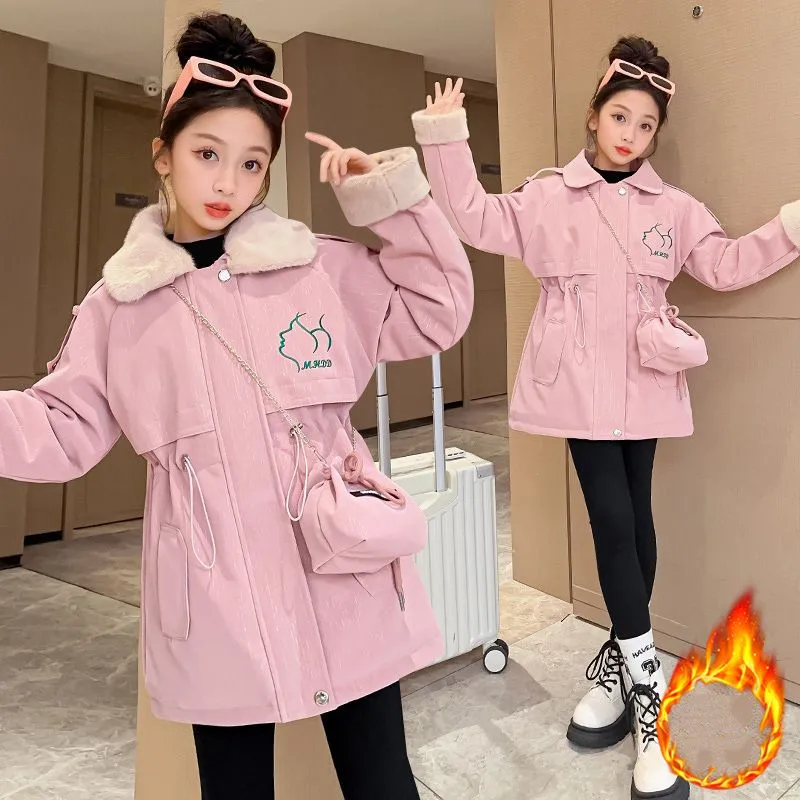 5-16T Girls Artificial Leather Parkas Winter Coat Fashion Fur Turn Collar Plus Velvet Warm Waterproof Children'S Outerwear