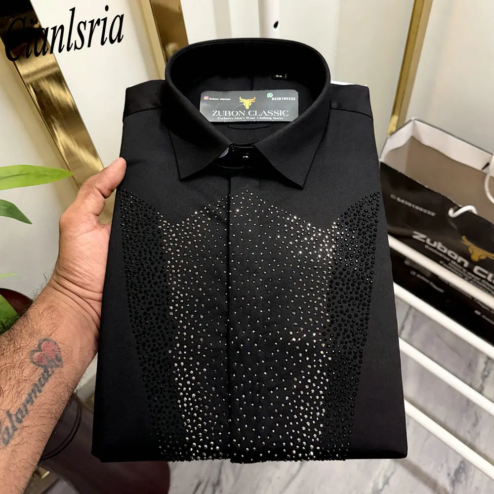 Men Luxury V‑Shape Gradient Rhinestone Long Sleeve Dress Shirt Formal Turn‑Down Collar Tops For Wedding Party Suit Matching