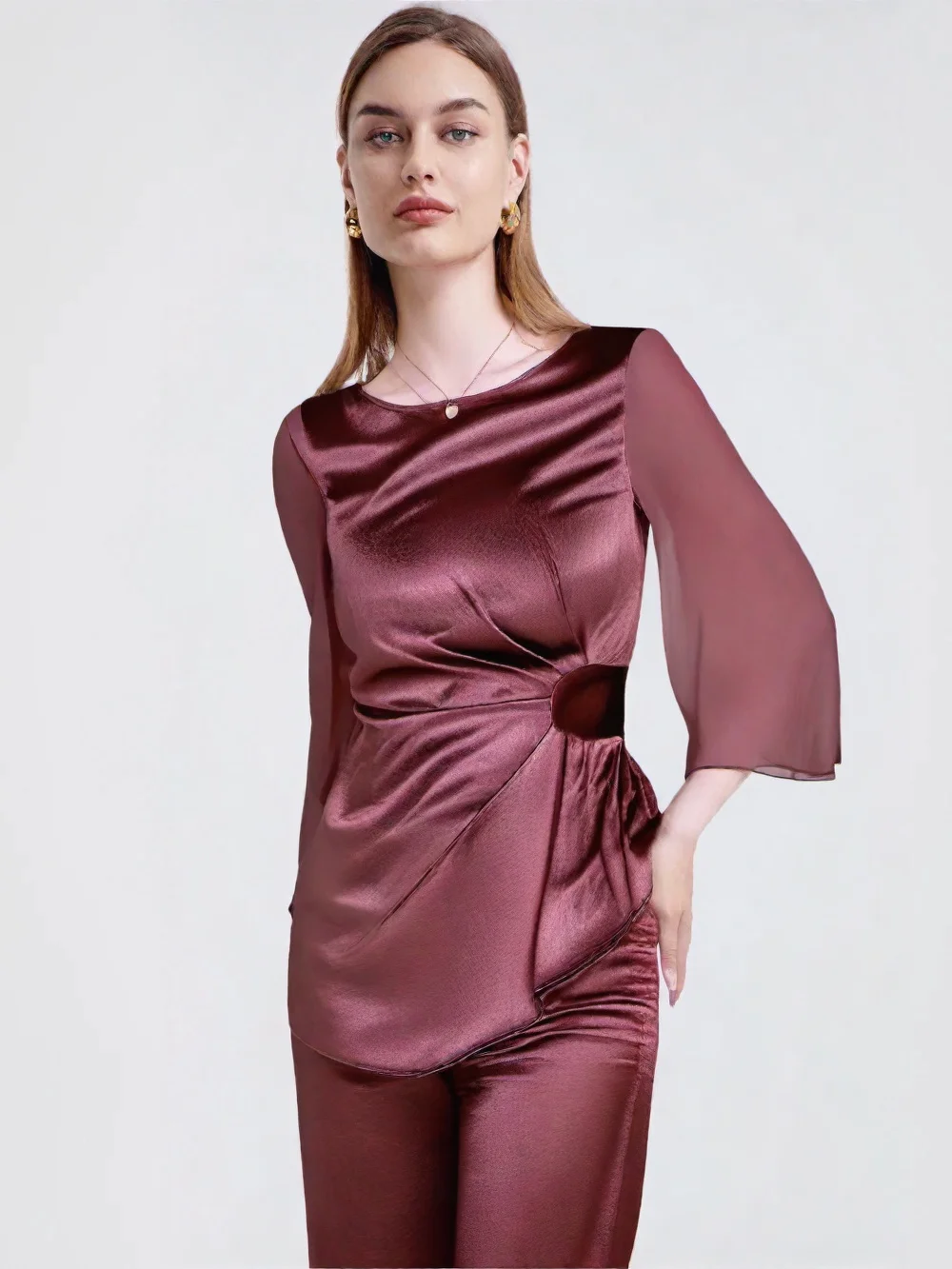 

Женский темпераментный комплект из двух предметов, блейзер с круглым вырезом и рукавами три четверти, широкие брюки с высокой талией, шикарный женский наряд с рюшами