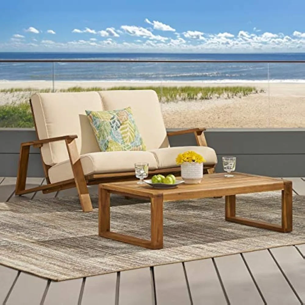

Outdoor Patio Loveseat and Coffee Table Set, Patio Furniture Set with Thick Cushion, Acacia Wood Frame Conversation Set for Gard