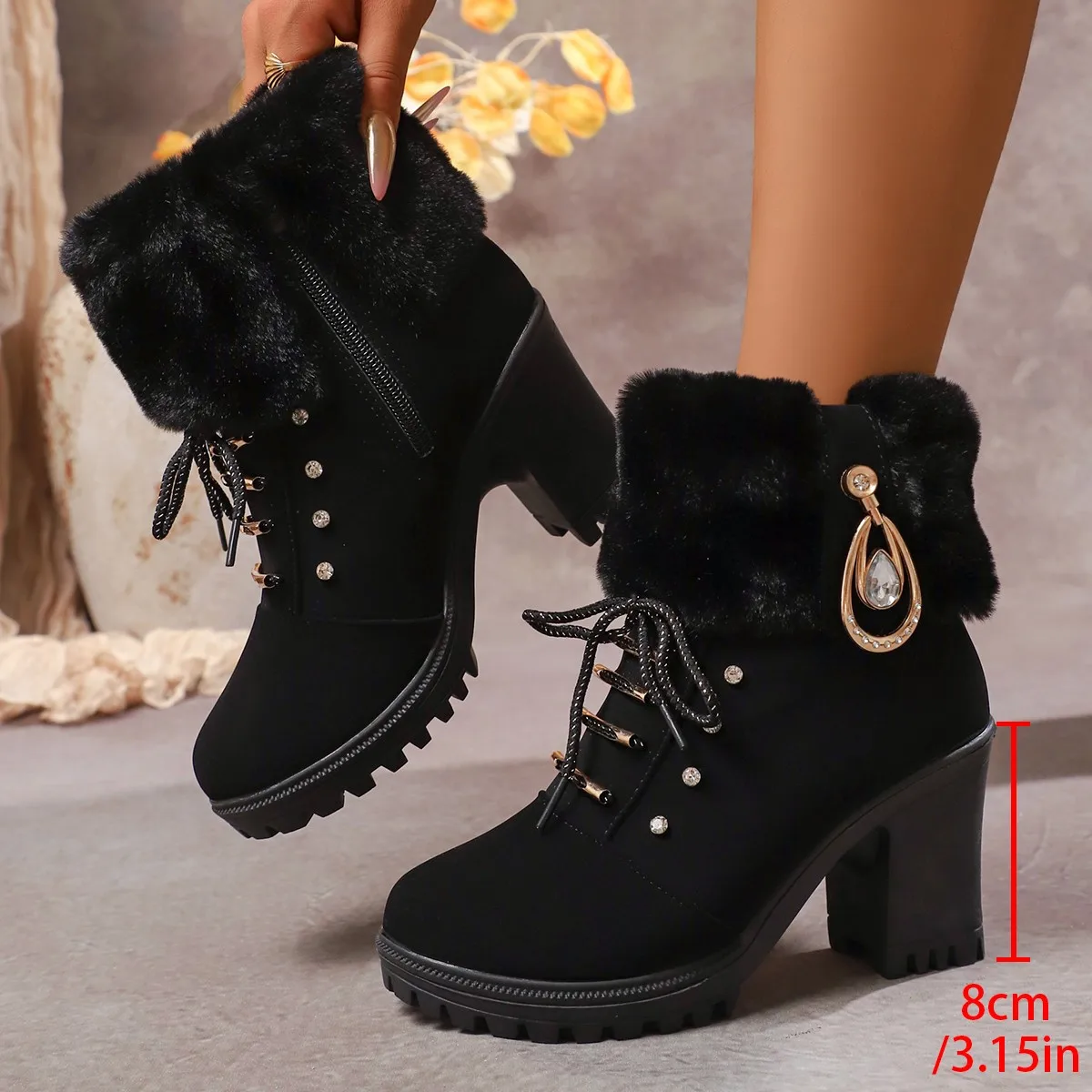 New Women Winter keep warm plush Boots Designer rhinestone decoration chunky-high-heel Non-slip ankle boots Platform Botas Mujer