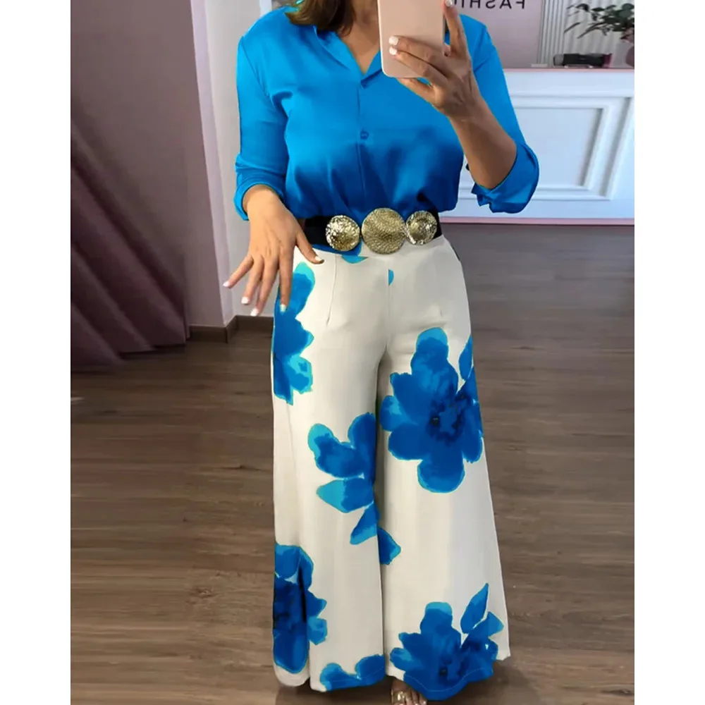 طقم سراويل نسائية مكونة من قطعتين بأكمام طويلة وبلوزة من الساتان بأكمام طويلة وسراويل واسعة الساق بطبعة زهور عالية الخصر