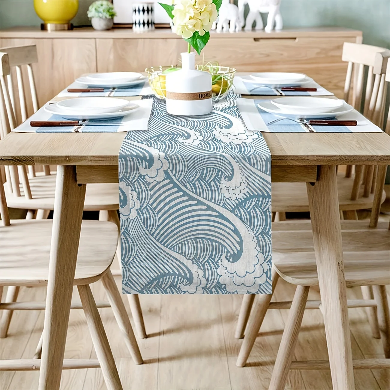 Japanese-Inspired Linen Table Runner | Woven Sea Wave Stripes | Ocean Decor for Wedding, Birthday & Baby Shower
