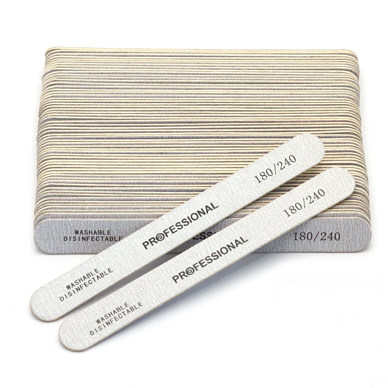 200Pcs Professional Nail Files For Manicure 100/180 180/240 Grit Gray Straight Wood File Double Sided Head Round Nail Art Tools