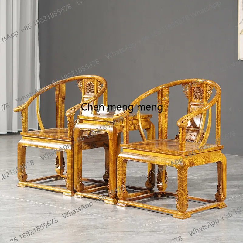 Golden nanmu gold camphor palace chair 3-piece set solid wood master chair new Chinese living room furniture armchair