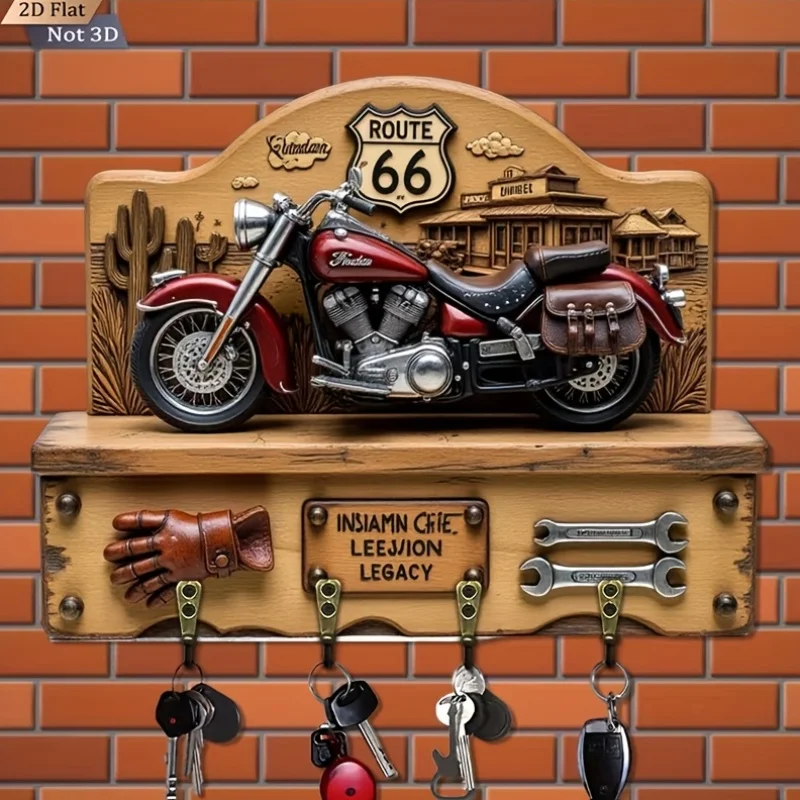 A 2D Retro Motorcycle Key Hook Featuring Route 66, Made of Wood with Multiple Functions, Includes Four Metal Hooks, Suitable