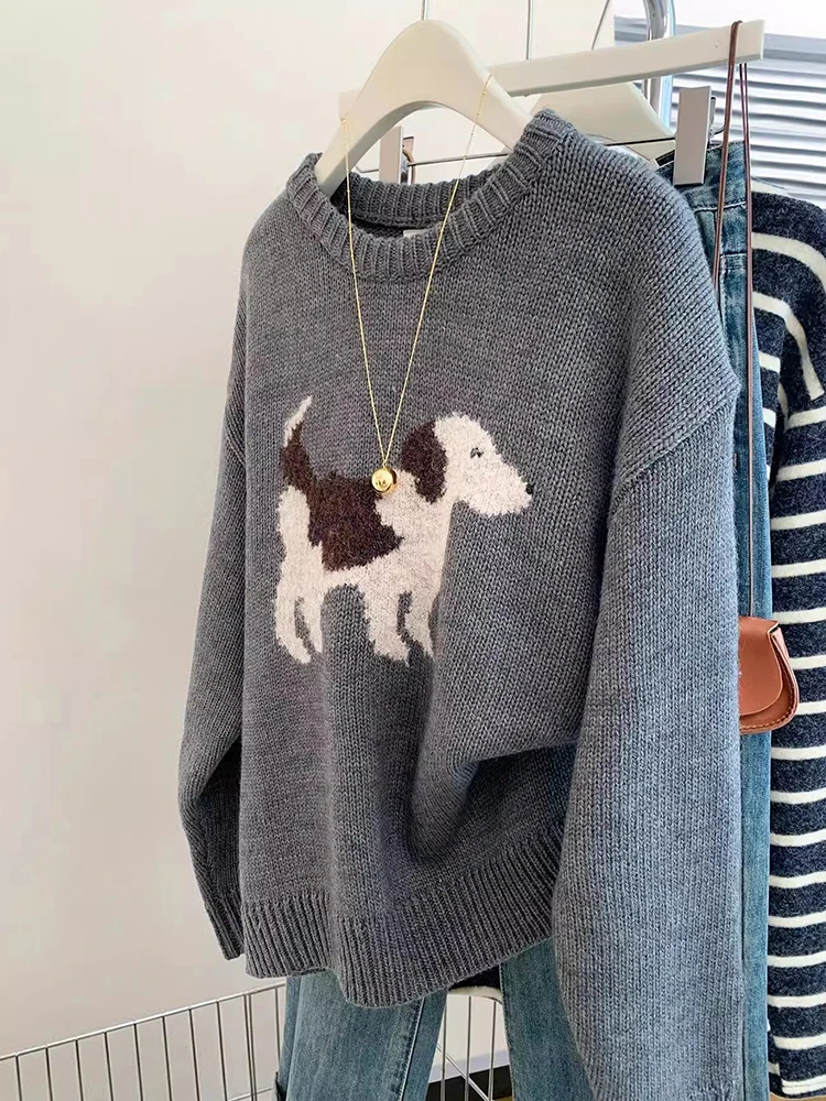 Pull à col rond pour femme, style coréen, mode, jacquard pour chien, doux, décontracté, hiver