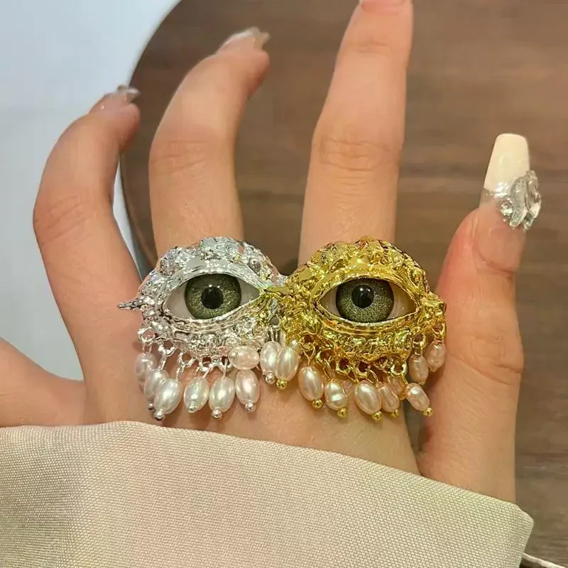 ジュエリー ヴィンテージ ビッグアイリング デリケートなイミテーションパール グレージングリング タッセル付き 大きめ開口部 フィンガーリング パーティーギフト 1
