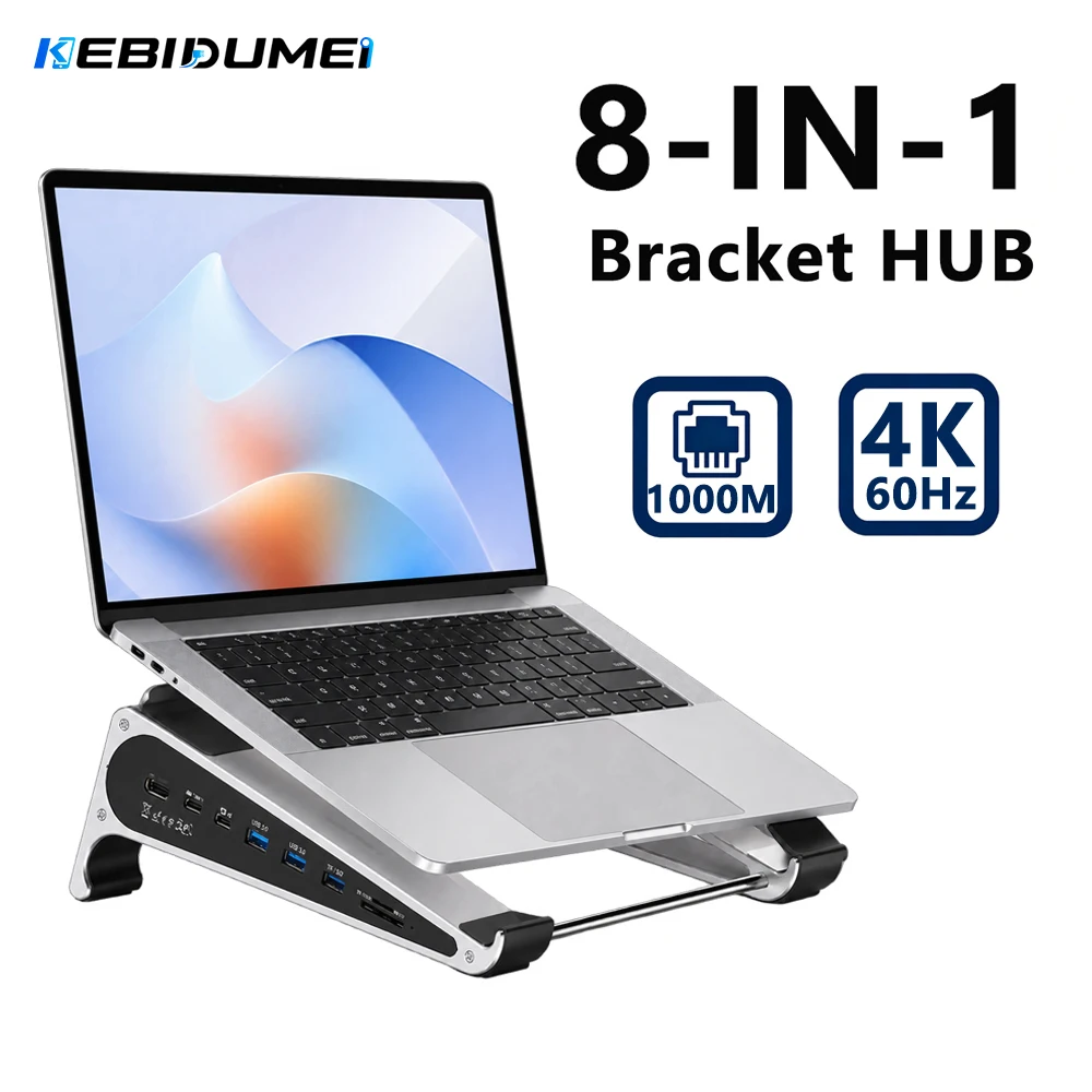 KEBIDUMEI 8-in-1 Laptop Docking Station Bracket USB3.0 4K60Hz Gigabit Ethernet PD 100W SD TF Card Stand Computer Accessories