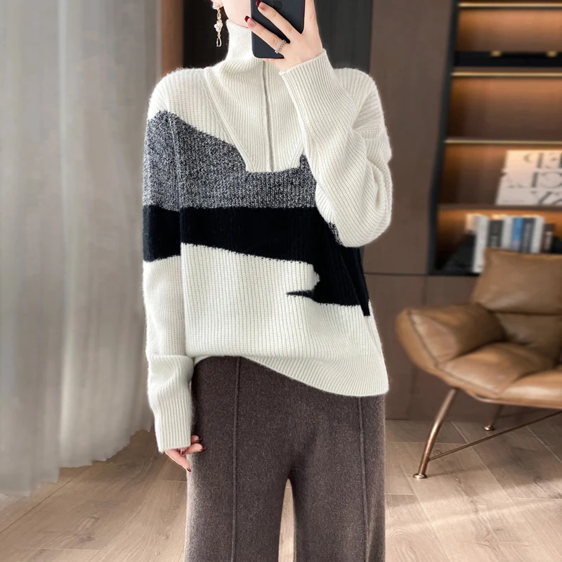 

Women Clothing Fashion Turtleneck Sweaters Comfortable Warm Soft Wool Zipper Pullovers Autumn Winter Vintage Casual Knit Tops