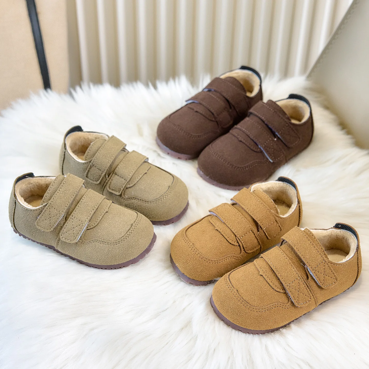 

Winter Boys Girl's Shoes Plush Round Toe Hook-loop Daily Warm Kid's Flat Shoe Solid Colors Anti-slip Fashion Comfy Children Shoe