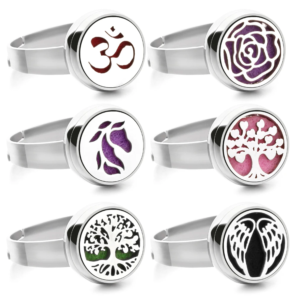 Anel de aço inoxidável da aromaterapia da árvore da vida 12mm difusor do óleo essencial do perfume anéis medalhão feminino mini anel aberto ajustável