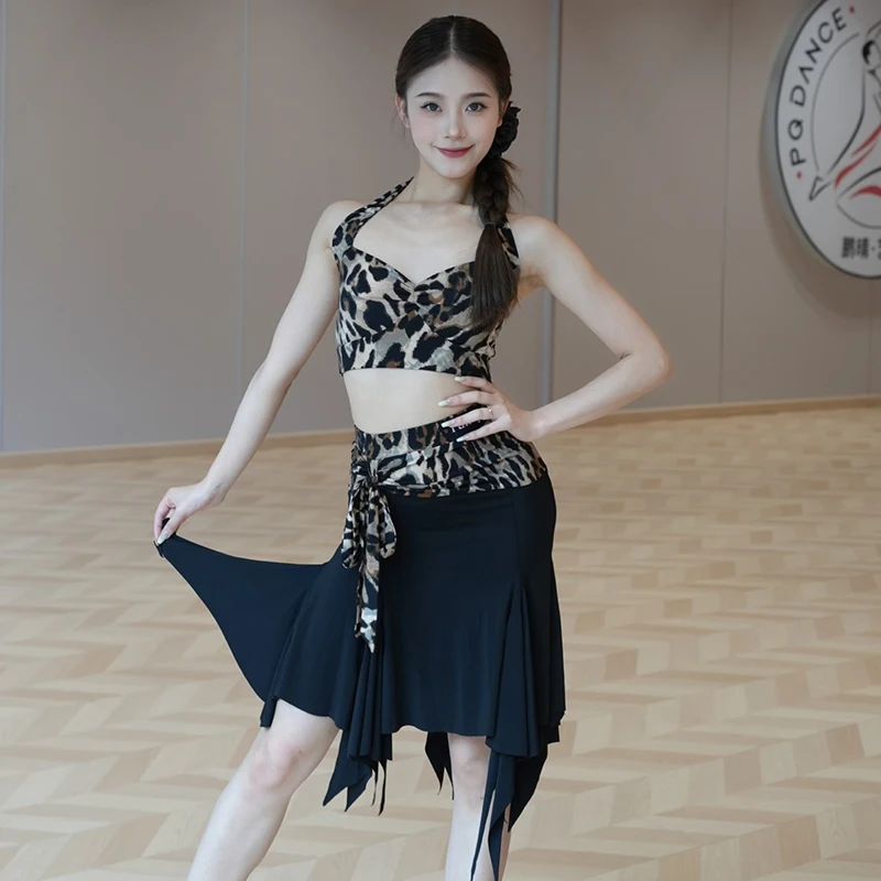 夏用ラテンダンス練習服-女性用-レオパード柄トップス-不規則スカート-大人用-ルンバ-チャチャ-ダンスパフォーマンス衣装-dnv24402