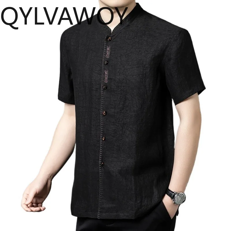 QYLVAWOY 100% Natural Mulberry Silk Men's Shirts Loose Shirt Short Sleeve Shirts for Man Stand Collar Man Clothing Chinese Style