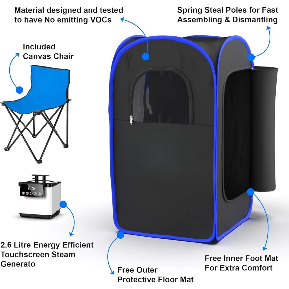 Portátil Sauna Steam Tent, Full Size, Caixa Pessoal, Sauna, Touchscreen, 1000W, Gerador de 2,6 Litros, Cadeira Tapete