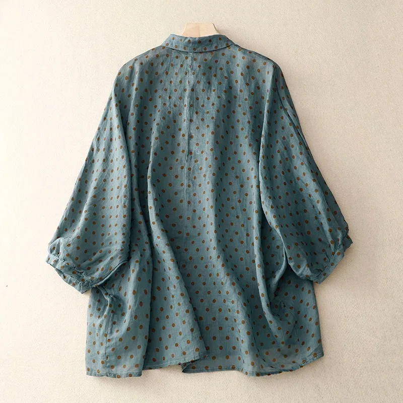 

Limiguyue Summer Ethnic Literary Polka Dot Blouse Thin Women Hemp Shirts Casual Large Size Loose Tops See Throught Clothes WEER