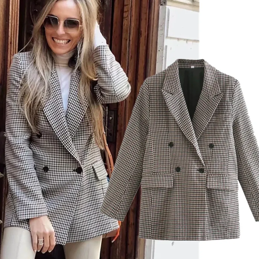 Maxdutti-Blazer croisé décontracté pour femme, veste à carreaux rétro, style anglais, collection 2023