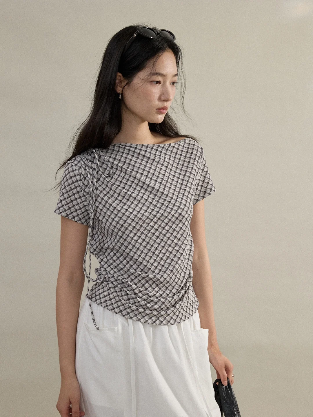 CLIPETTE Bamboo Fiber Short Sleeve T-Shirt Women's Casual Style Drawstring Waist Gauze Shoulder Two-Way Wear Neck Swing Design