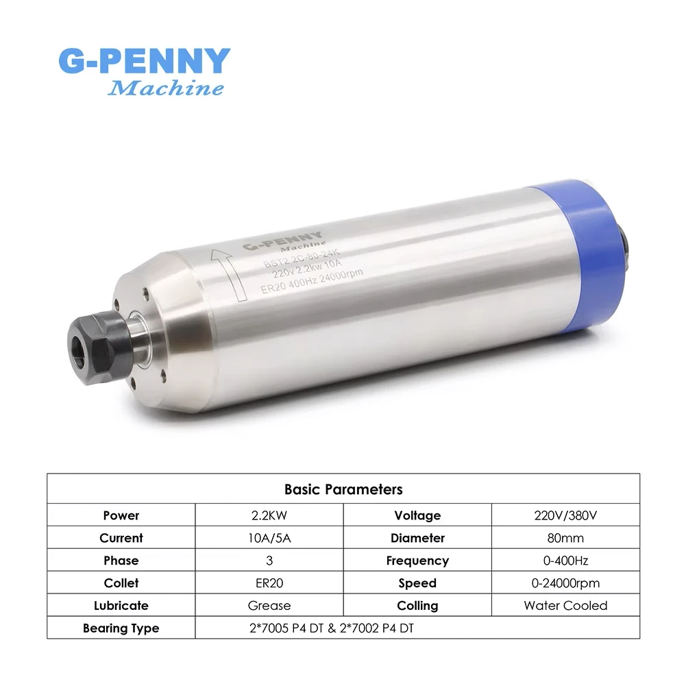 G-Penny 2.2kw ER20 D80 Water Cooled Spindle Bullet type 220v/380v， 2.2KW YL42 Inverter, 80w pump, 80mm bracket spindle kit