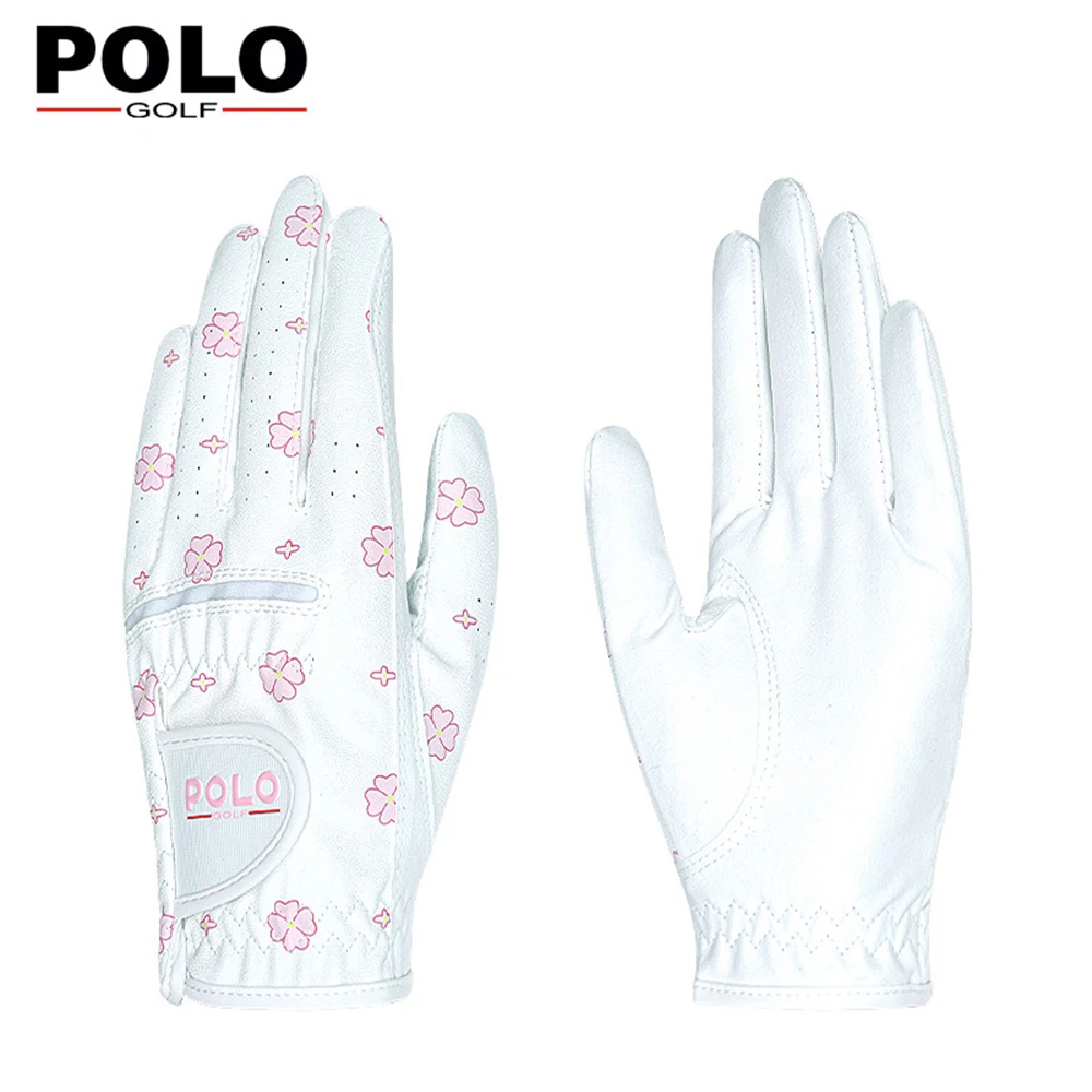 A Pair POLO  Korean Printed Sports Gloves for Women, Golf Gloves, PU Microfiber Fabric, Sun Protection, Wear-Resistant