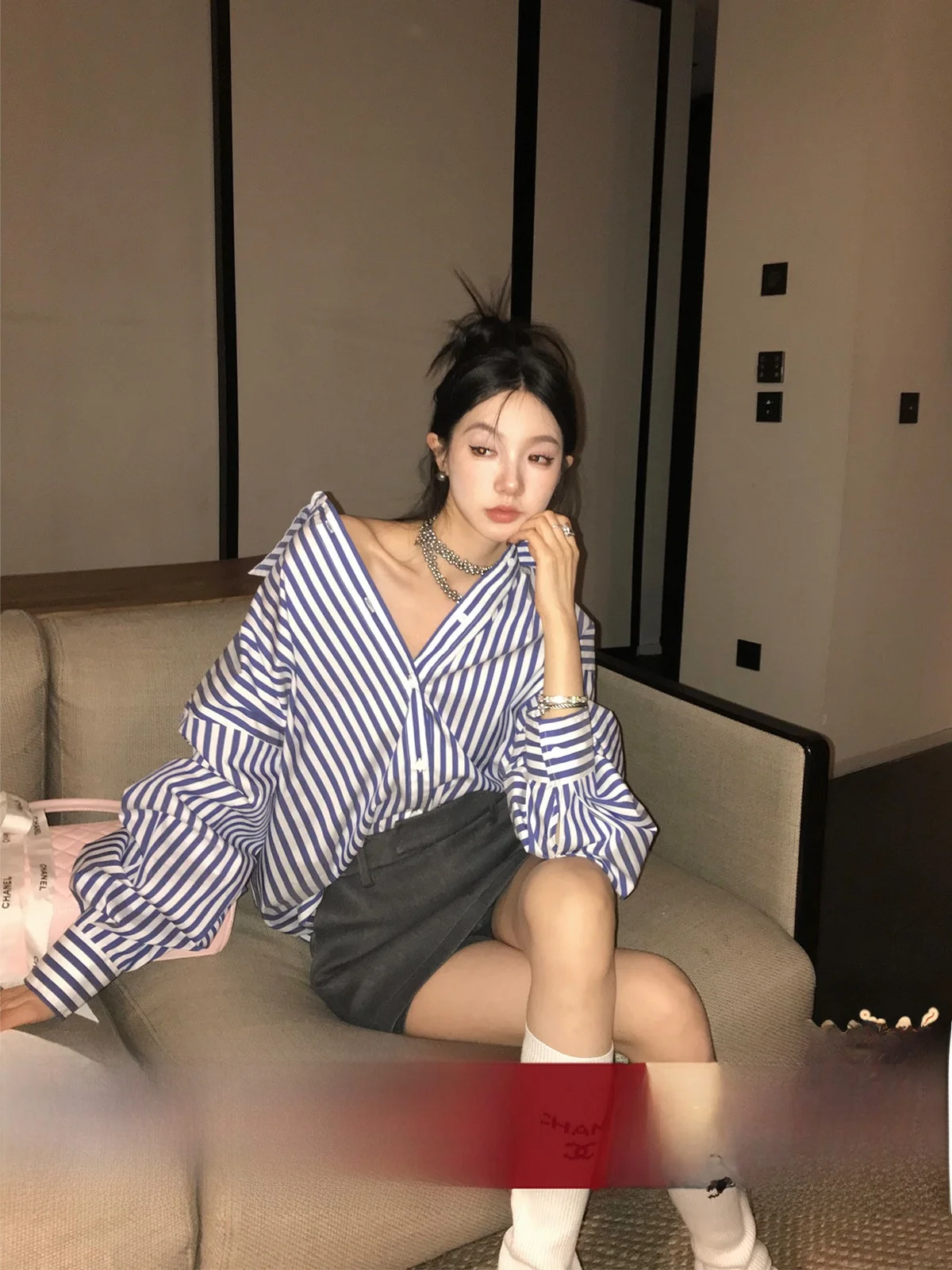 

Loose Blue Striped irt Jaet Women's Autumn Design Sense Long Sve Top Breathable Vintage Sle Cotton Polyester Blend