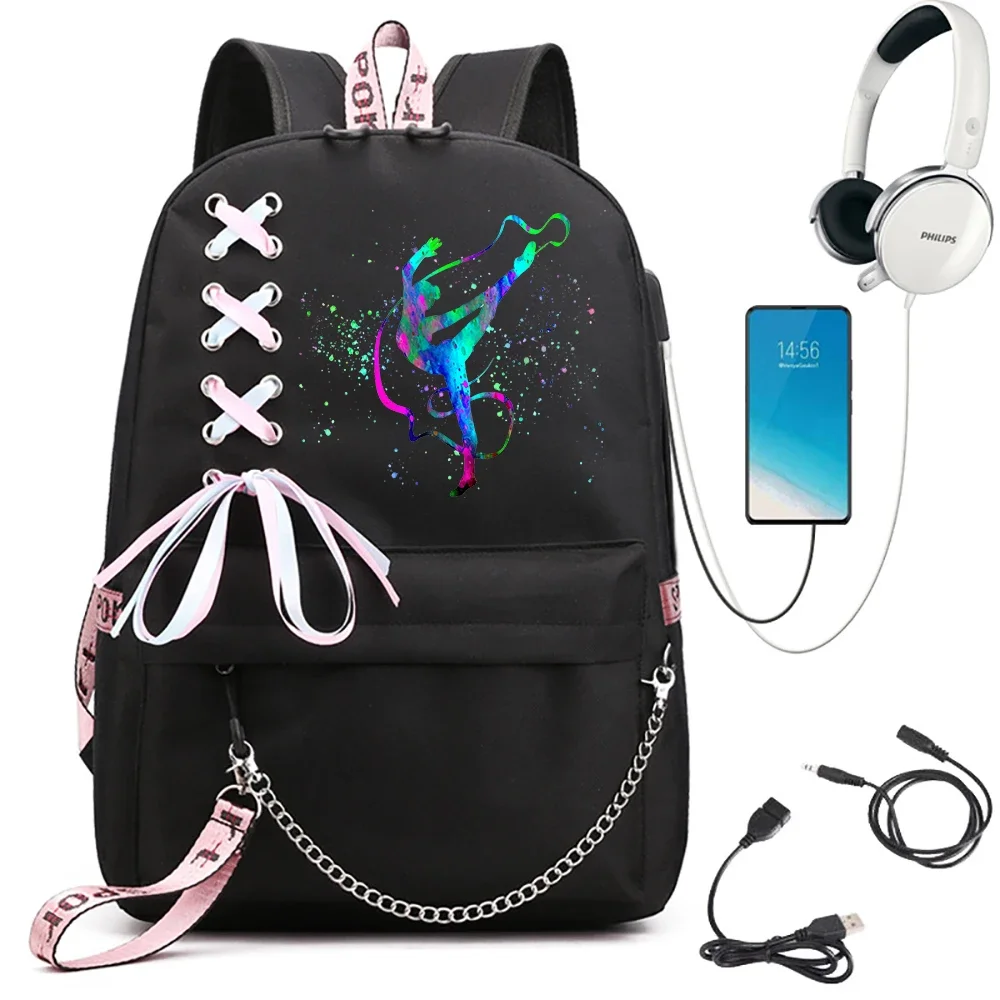 Taniec dziewczyna szkoła torba dla nastolatki dziewczyny Mochila akwarela gimnastyka dziewczyna plecak Port Usb Kawaii szkolna torba plecak tornister plecak