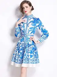 Summer Autumn Floral Print Long Sleeve Short Dress Shirt Women Stand Collar Single Breasted Belt Vintage Palace Style Vestidos