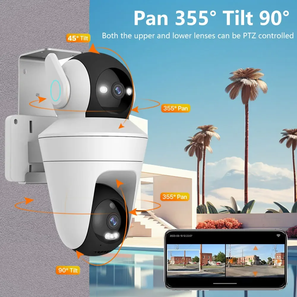 Kamera keamanan CCTV, 5K 10MP Wifi IP Audio 2 arah dengan 10X Zoom lensa ganda layar ganda pelacakan otomatis pengawasan Video