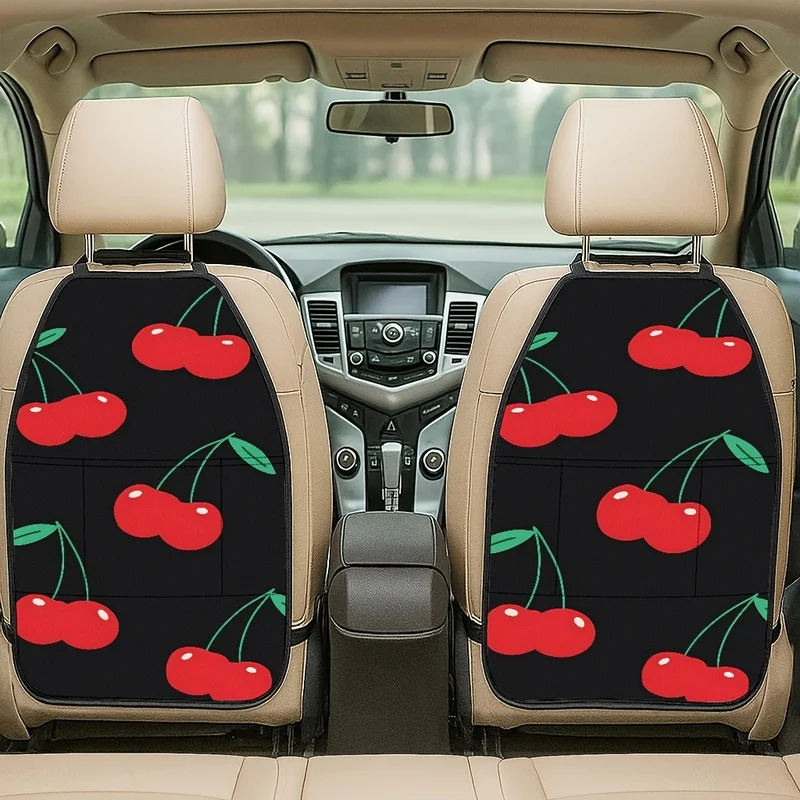 Universal Car Seat Back Covers With Storage Pockets, Cherry Print, Cute Style For Women Car Use