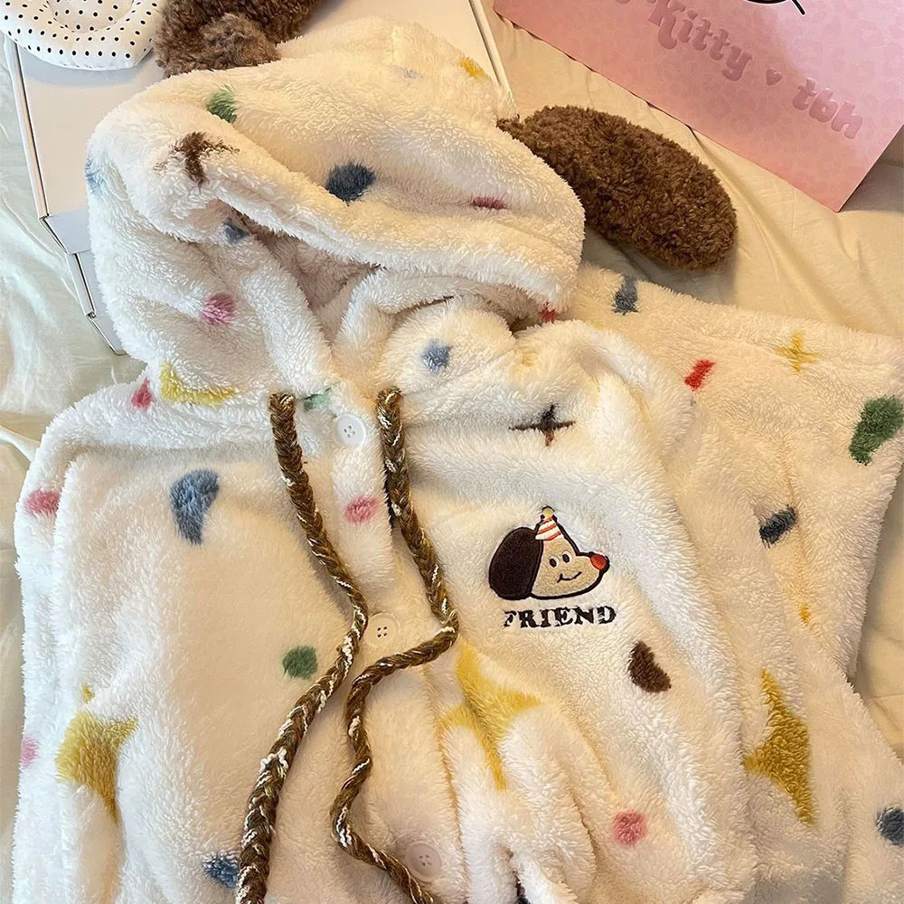 Kawaii Puppy Embroidery Plush Hooded Night Robe for Ladie Pattern Flannel Sleepwear Coat Button Design Warm Pocket Home Bathrobe