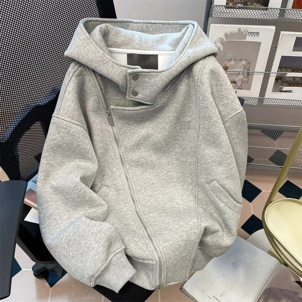 American Retro Y2K High Street Oversized Fashion Design Irregular Zipper Hoodie Autumn Loose Long Sleeve Hooded Cardigan Jacket