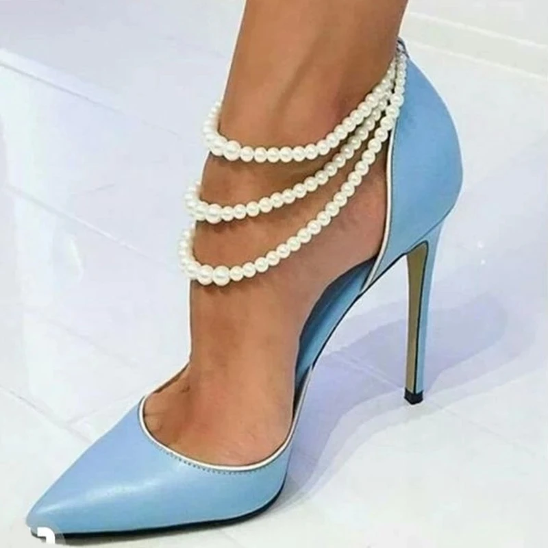 

Sky Blue Pointed Toe Pearl Necklace High Heel Pumps Shoes Woman Fruit Green Patent Leather Pearls Women Party Shoes