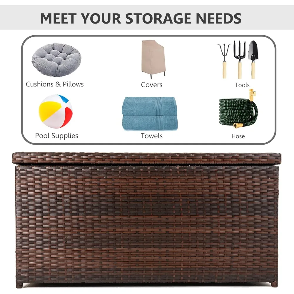 Waterproof Outdoor Wicker Storage Box 70 Gallon, Deck Patio Rattan Container with Hinged Lid, Weather-Resistant Storage Solution