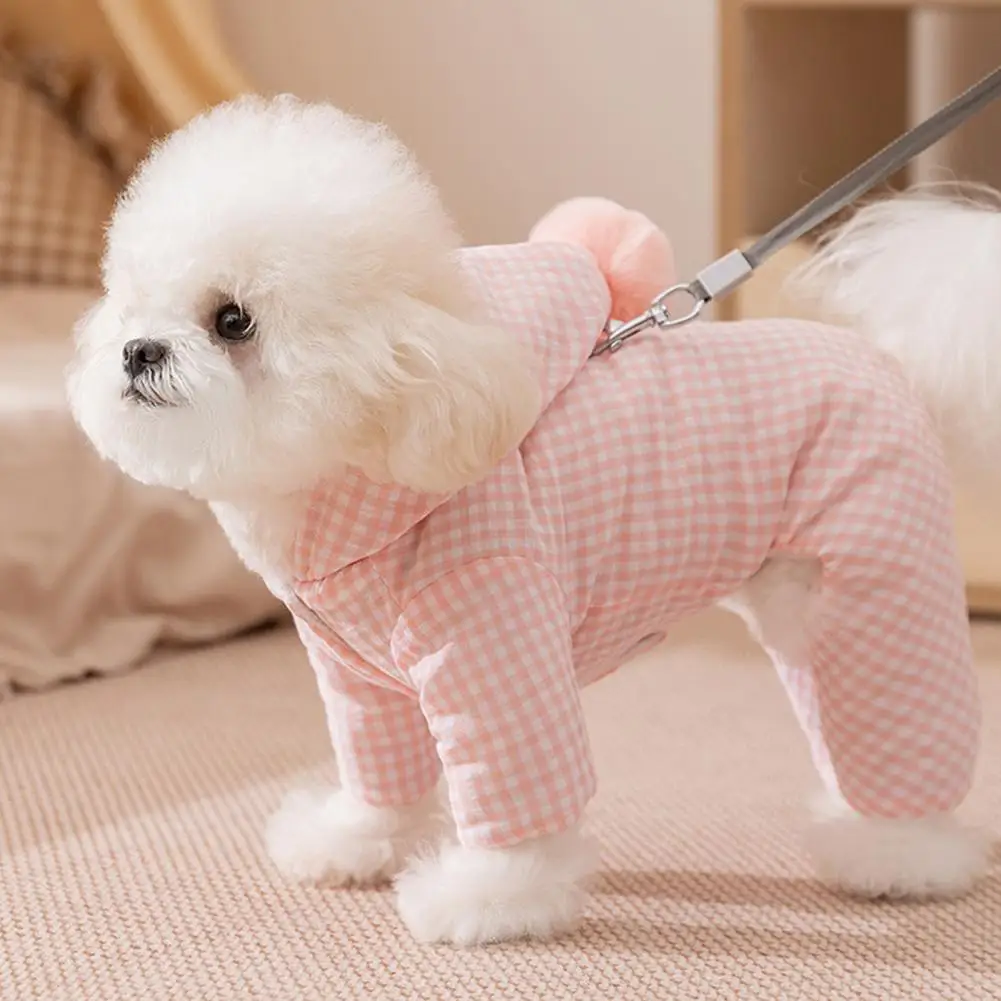 Small Dog Winter Coat Cozy Hooded Plaid Pet Jumpsuit Plush Lined Dog Onesie Clothes Warm Four-legged Hoodie with for Small