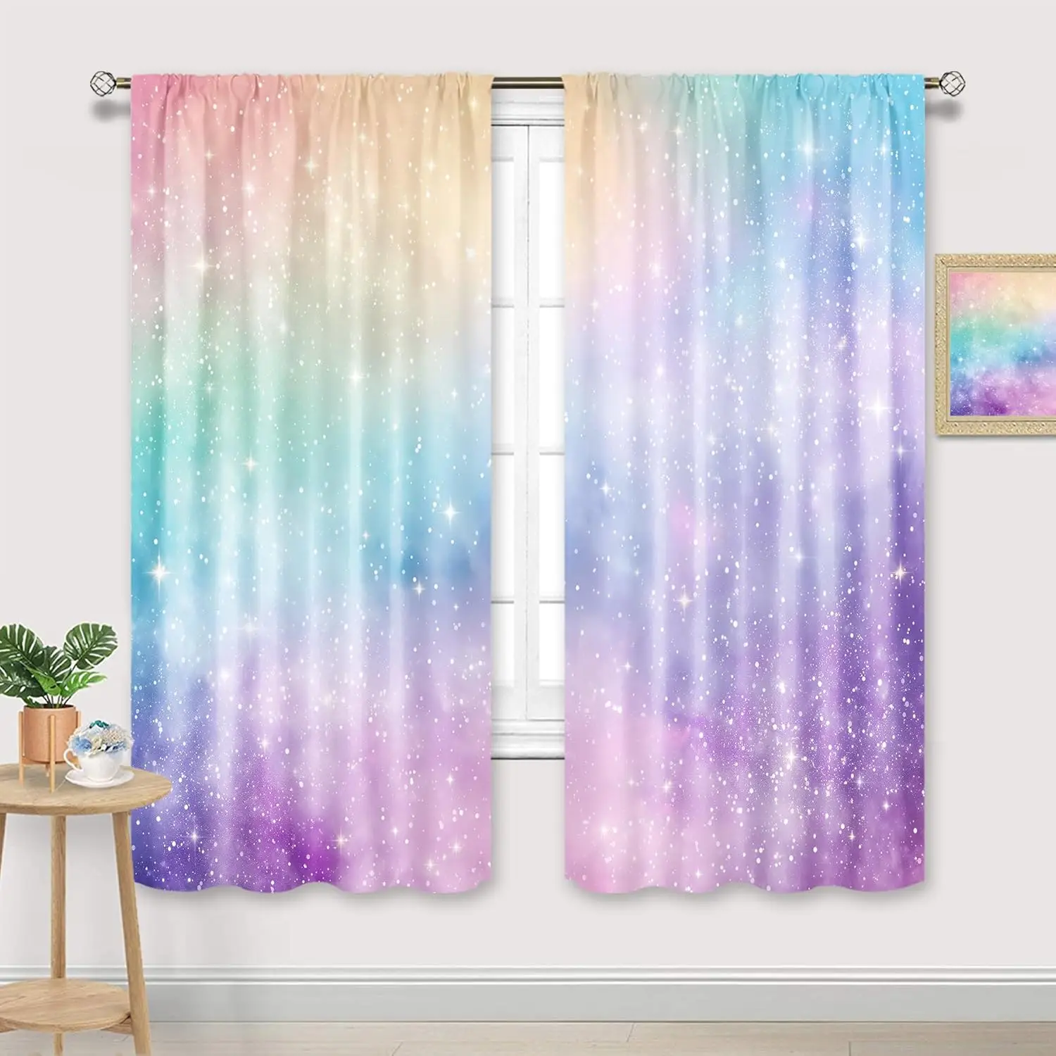 Galaxy Rainbow Curtains for Girls Room, Pastel Sky Cloud Stars Drapes with Rod Pocket, Cute Cartoon Princess Window Panels