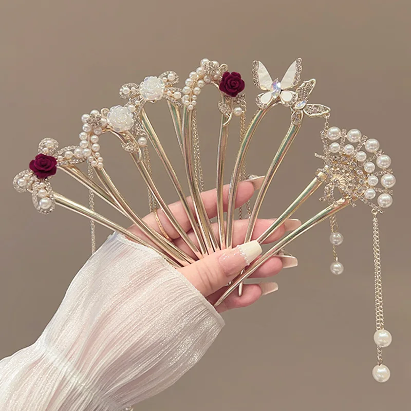 مشبك شعر رائع على شكل حرف U من اللؤلؤ للنساء، عصا شعر مجعدة ثابتة، مشبك شعر لحفلات أعياد الميلاد