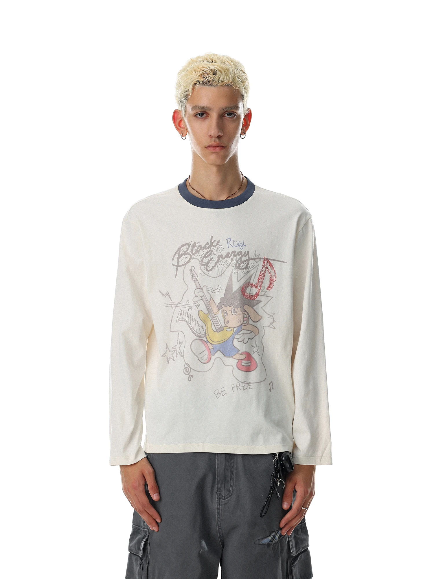 MRNEARLY American Retro Street Cartoon Print Long Sleeve T-Shirt Unisex Casual Cotton Top for Men And Women