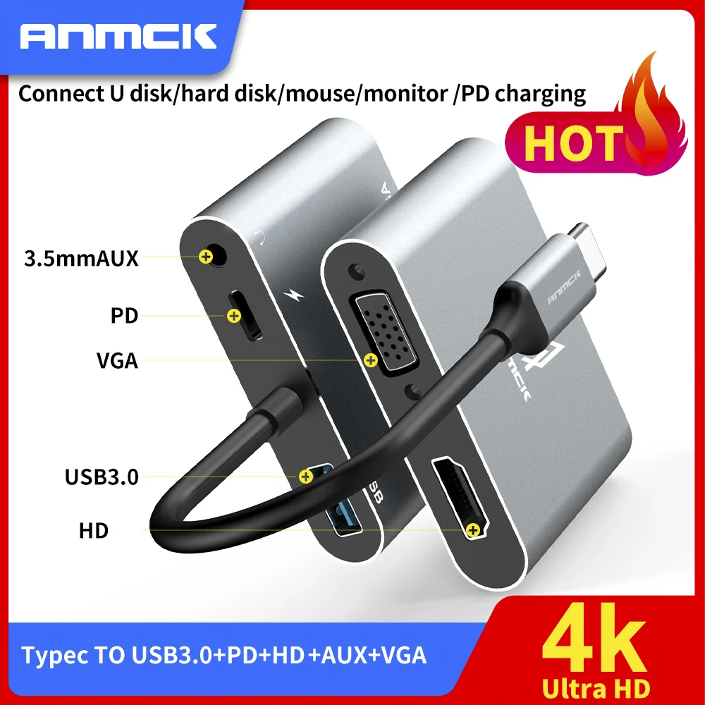 Anmck USB C 4K Loại C Adapter VGA USB3.0 HDMI-Tương Thích Âm Thanh Chuyển Đổi Video PD 87W bộ Sạc Nhanh Dành Cho Macbook Pro Samsung S9