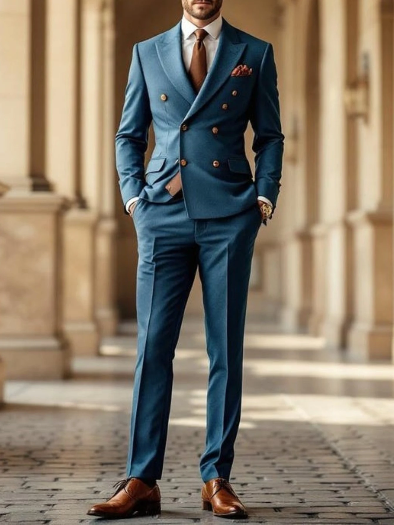 

Синий двубортный костюм Slim Fit Смокинг для выпускного вечера Свадьба