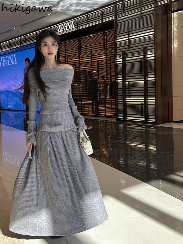 Fashion 2 Piece Skirt Set Women Clothes Slash Neck Off Shoulder Pullovers High Waist A-line Long Skirts Outfits Casual Knit Suit