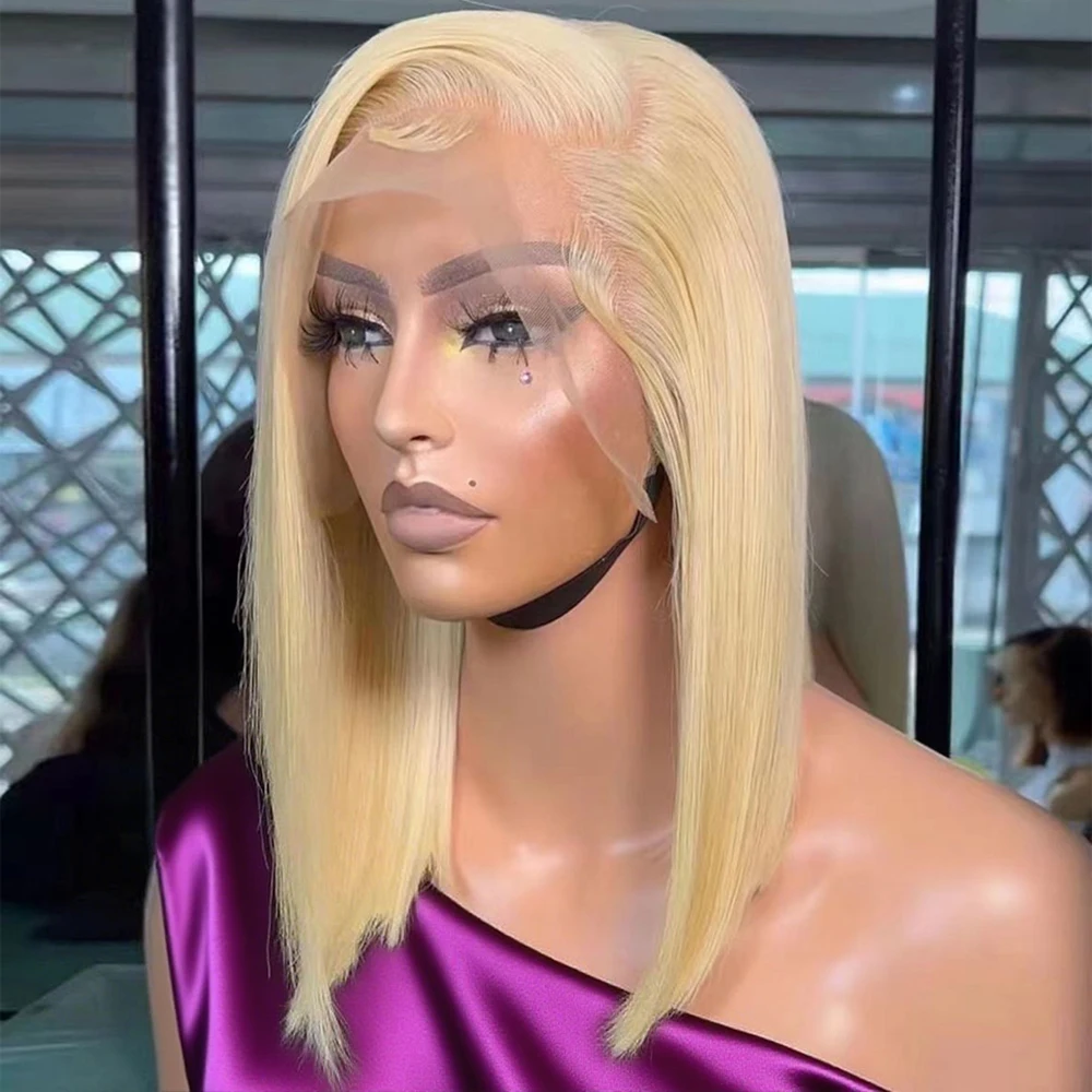 Knochengerade, kurze Bob-Perücken, leimlose Echthaar-Perücke, bereit zum Tragen, 613 Blond, 13 x 4 Spitzen-Frontal-Perücken, 100 % Echthaar, vorgezupft