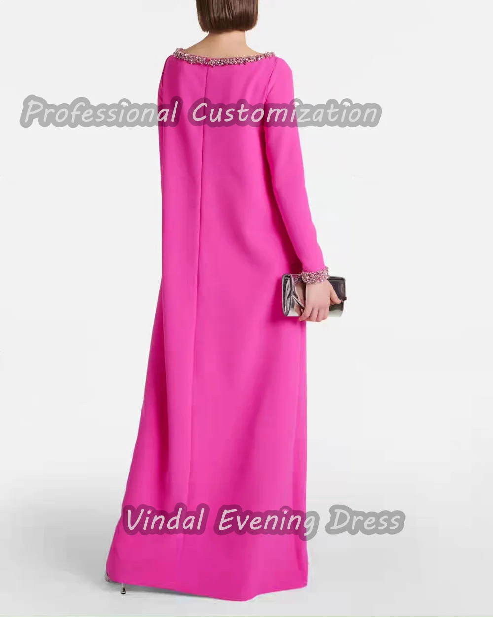 Vindal Scoop Neckline Floor Length Beaded Sexy A-Line luxurious Breast padding Crepe Elegant Long Sleeves السعود For Woman 2024